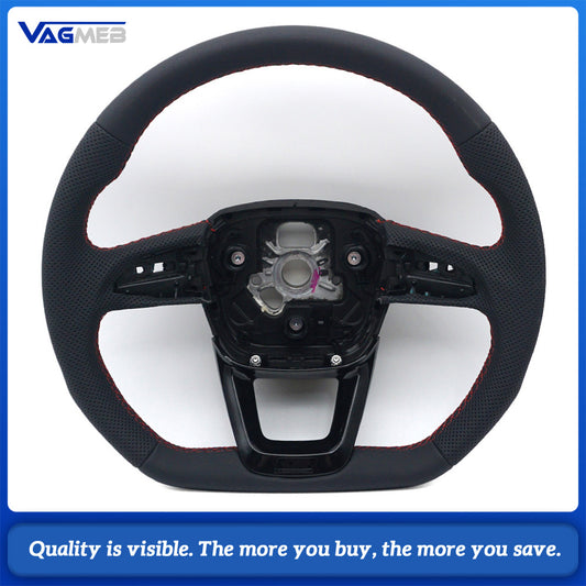 For Audi Q5FY Gloss Black Half Perforated Leather Steering Wheel, Red Stitching Steering Wheel Without Shift Paddles and Buttons