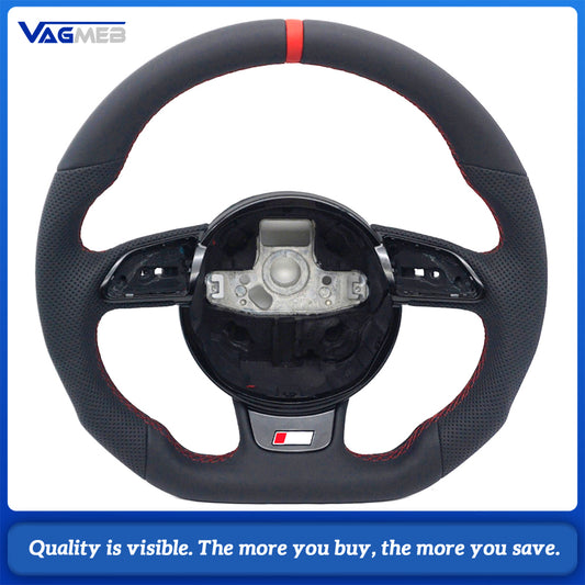 For Audi A4 B8 Ergonomic Sculpted D-shaped Steering Wheel Half Punch Leather Red Top Mark OEM Base Hub
