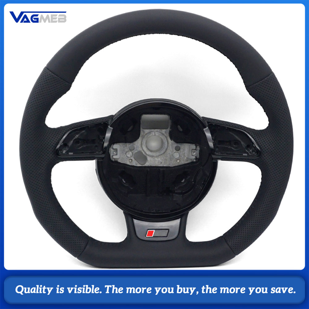 Sport Steering Wheel Replacement For Audi A4 B8, Semi-Perforated Black Leather, Black Stitch, RS Badge, Without Paddles & Multifunction Buttons