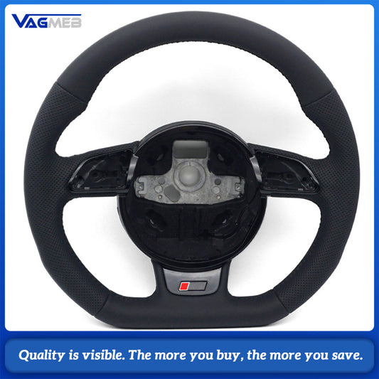 Sport Steering Wheel Replacement For Audi A4 B8, Semi-Perforated Black Leather, Black Stitch, RS Badge, Without Paddles & Multifunction Buttons