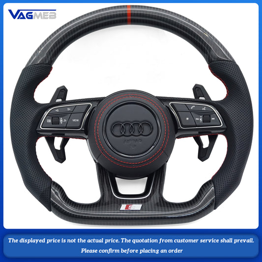 For Audi S LOGO A4B9, semi-perforated red line carbon fiber with red centering mark, buttons and paddles Steering Wheel