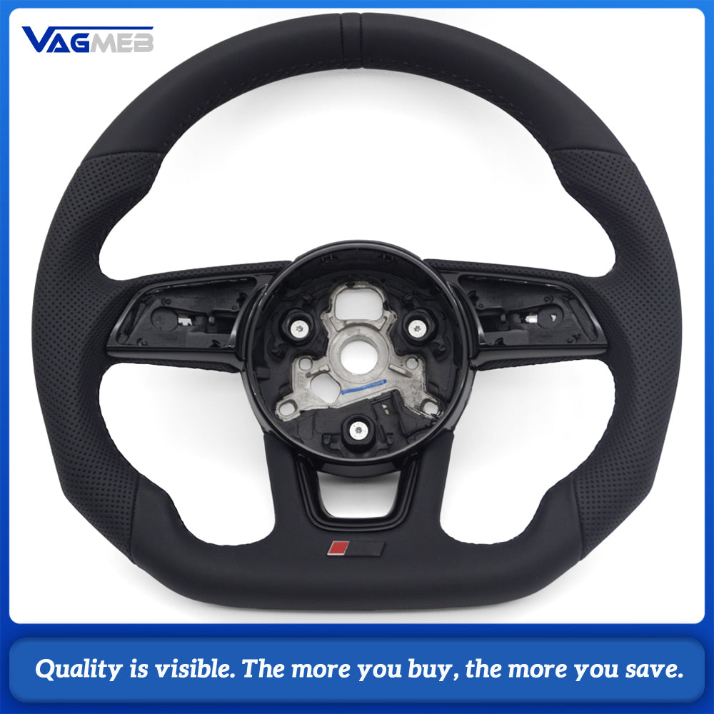 For Audi A4 B9 RS Logo Half Perforated Black Leather Steering Wheel Black Stitch No Paddle No Button