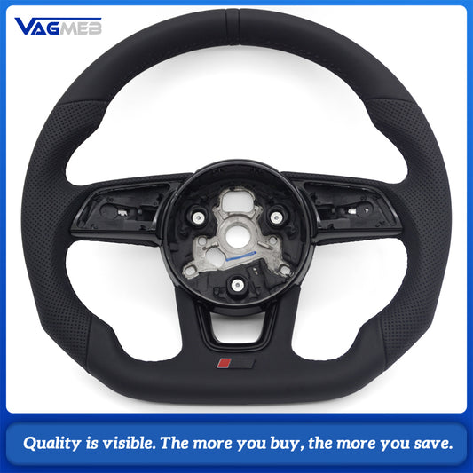 For Audi A4 B9 RS Logo Half Perforated Black Leather Steering Wheel Black Stitch No Paddle No Button