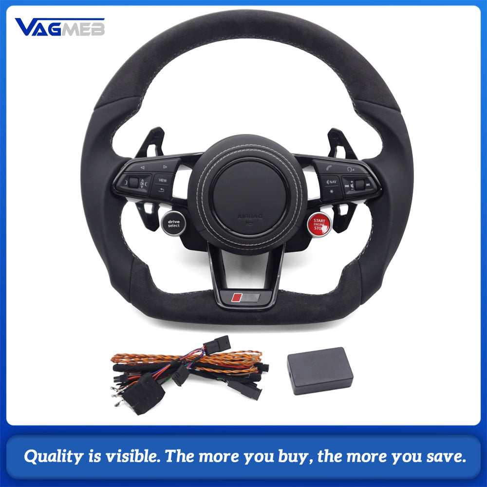 For Audi R8 Flat Bottom RS Steering Wheel Leather+Alcantara Gray Stitch With Buttons Shift Paddles R8 2 Buttons