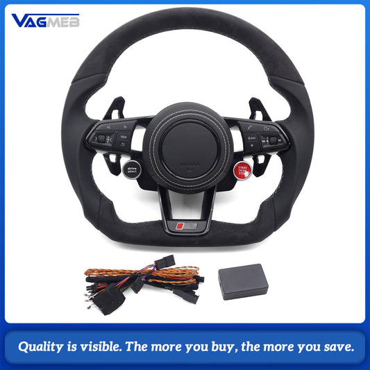 For Audi R8 Flat Bottom RS Steering Wheel Leather+Alcantara Gray Stitch With Buttons Shift Paddles R8 2 Buttons