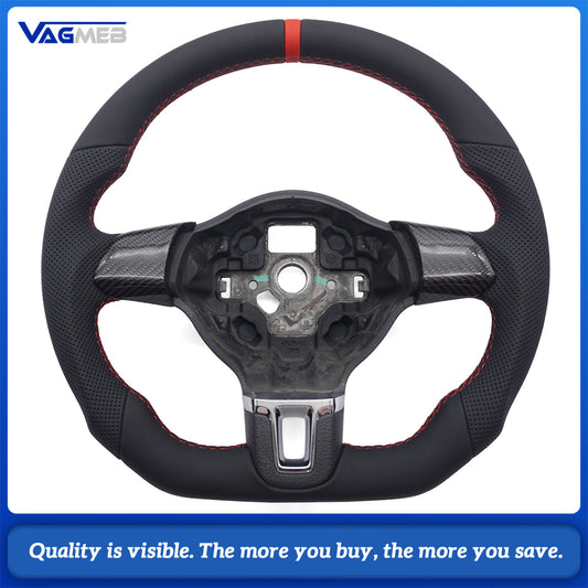 Car Carbon Fiber Half Perforated Steering Wheel Red Stitching Red Center Marker Racing Steering Wheel Replacement For VW Golf 6 MK6