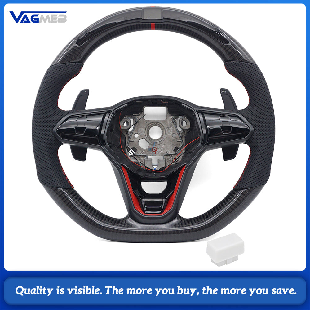 Car Sport LED Carbon Fiber Steering Wheel For VW Golf 8 MK8, Half Perforated Leather, Red Stitch, Red 12 O’Clock Center Mark, Equipped with Multi-function Buttons & Gear Shift Paddles