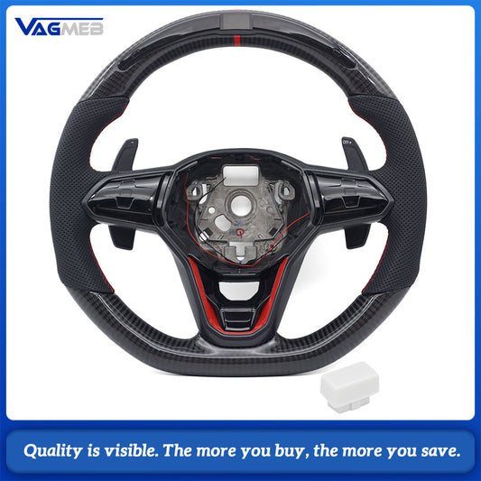 Car Sport LED Carbon Fiber Steering Wheel For VW Golf 8 MK8, Half Perforated Leather, Red Stitch, Red 12 O’Clock Center Mark, Equipped with Multi-function Buttons & Gear Shift Paddles
