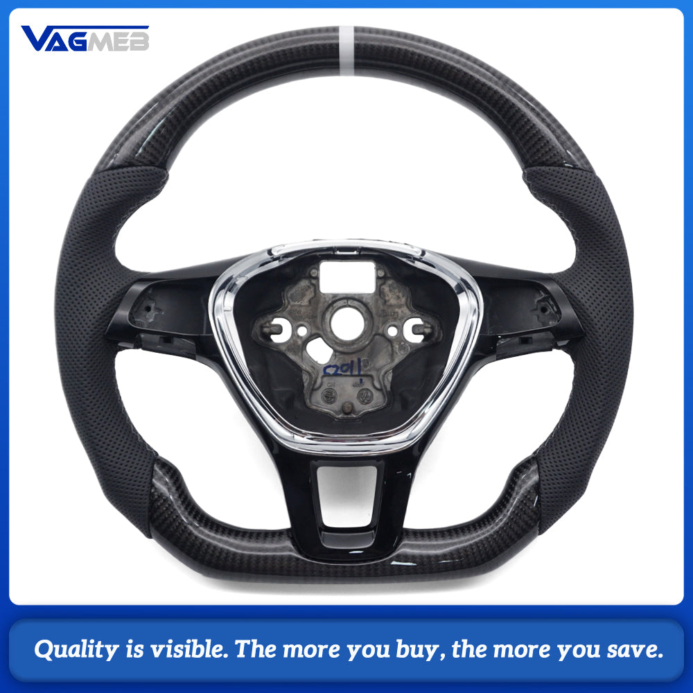 Carbon Fiber Sport Steering Wheel Semi‑Perforated Leather Grey Contrast Stitching White Center Mark Buttons Not Included For VW Transporter T6
