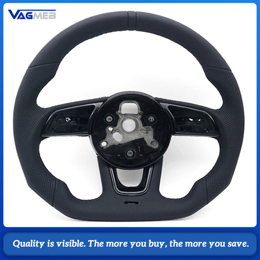For Audi A4 B9 Shaped Steering Wheel, Half Perforated Leather Black Stitching Black Centering Marker Without Control Buttons and Shift Paddles
