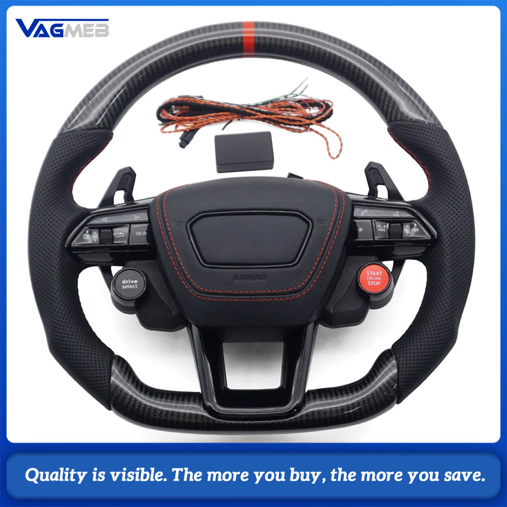 Carbon Fiber Half Perforated Steering Wheel, Gloss Black Trim, Red Stitch, Red Center Marker, R8 Buttons, Heating & Hands Off Detection, With Paddle Shifters & Multifunction Keys for Audi A6 C8