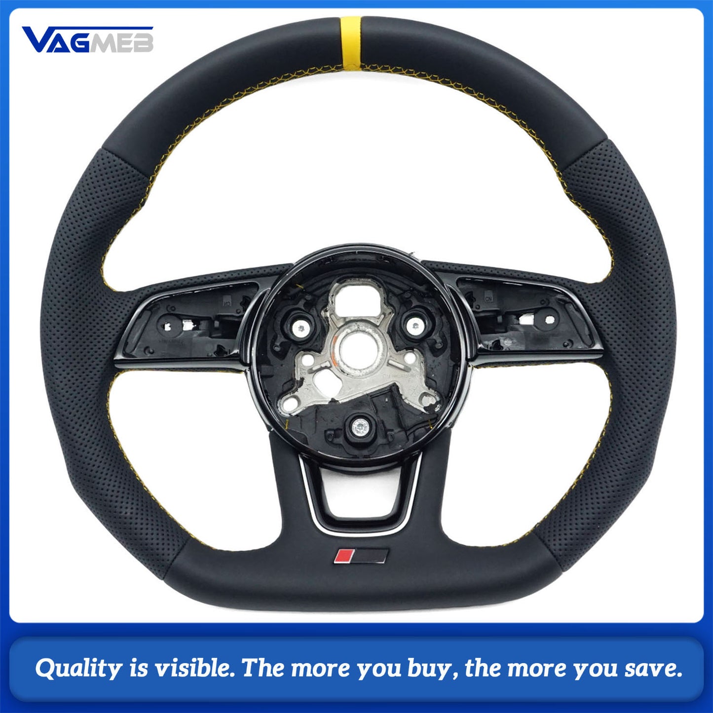 Semi - Perforated Leather Steering Wheel  Yellow Stitching & Centering Mark