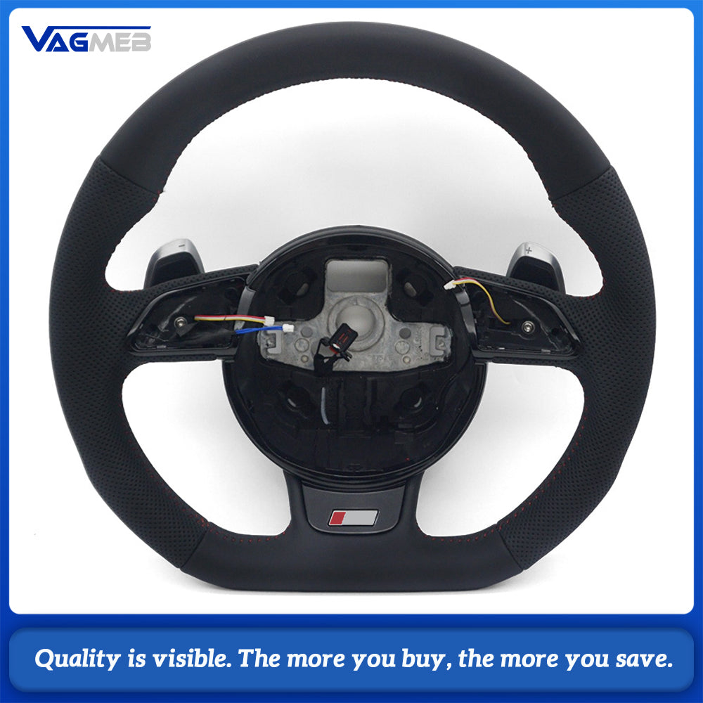 For Audi A4 B8 S-Line Sport Steering Wheel Heated Function Half Perforated Red Contrast Stitch Chrome Paddle Shifters No Buttons