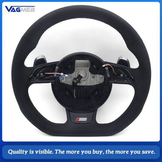 For Audi A4 B8 S-Line Sport Steering Wheel Heated Function Half Perforated Red Contrast Stitch Chrome Paddle Shifters No Buttons