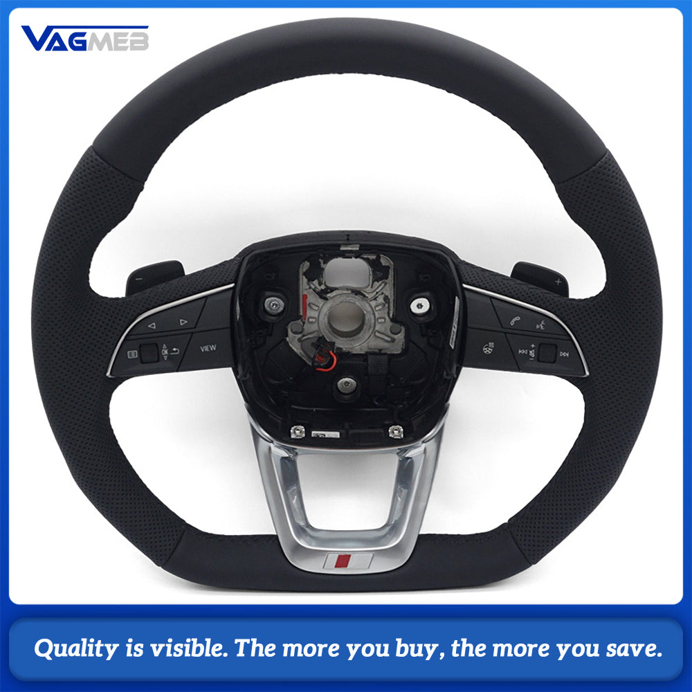 Flat Bottom Half Perforated Leather Steering Wheel Black Stitch S Badge With Multifunction Buttons Mini Paddle Shifters Heating For Audi Q5L FY SQ5
