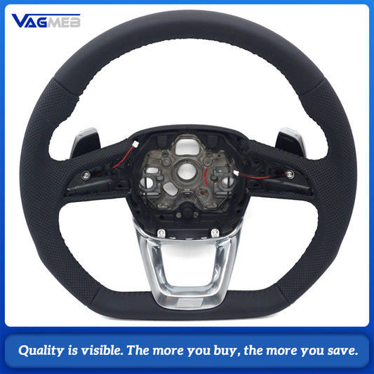 Sport Steering Wheel Half‑Perforated Leather Black Stitching For Audi Q3, With Shift Paddles, No Buttons, Non‑Heated