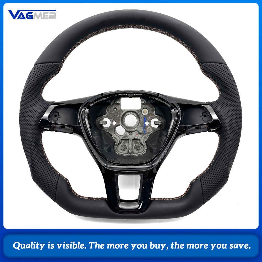 Car Sport Steering Wheel Fit For Multivan T6, Half Perforated Leather, Brown Stitch, Equipped with Gloss Painted Decorative Frame