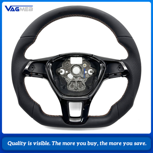 Car Sport Steering Wheel Fit For Multivan T6, Half Perforated Leather, Brown Stitch, Equipped with Gloss Painted Decorative Frame