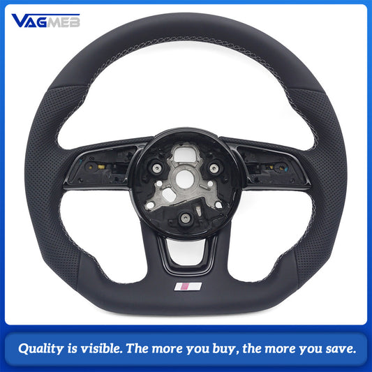 For Audi A4 B9 S Style Steering Wheel Half Punch Leather White Contrast Stitch Without Control Buttons