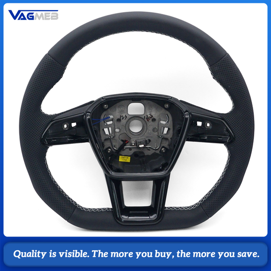Car Half Perforated Leather Steering Wheel Gray Stitching Gloss Black Frame Heated Function Without Buttons Paddle Shifters Replacement For Audi A6 C8
