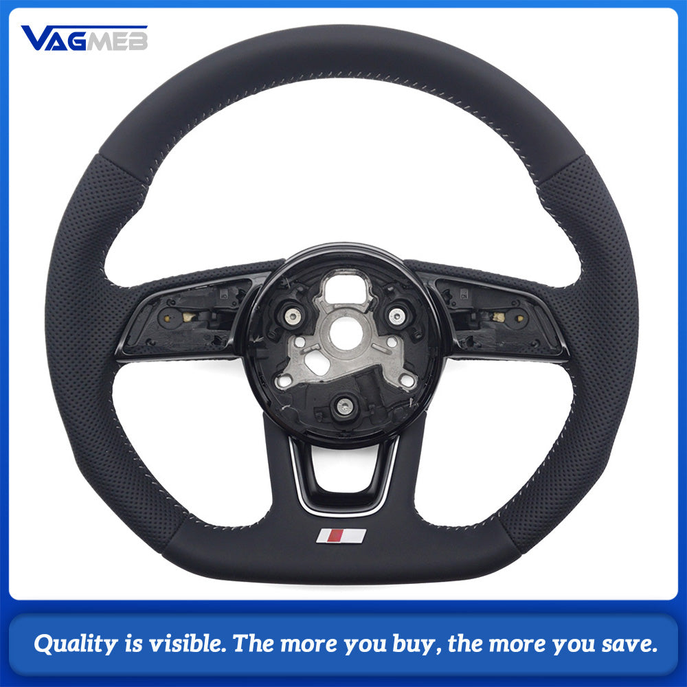 For Audi A4 B9 S Style Steering Wheel Half Punch Leather White Contrast Stitch Without Control Buttons