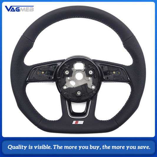 For Audi A4 B9 S Style Steering Wheel Half Punch Leather White Contrast Stitch Without Control Buttons