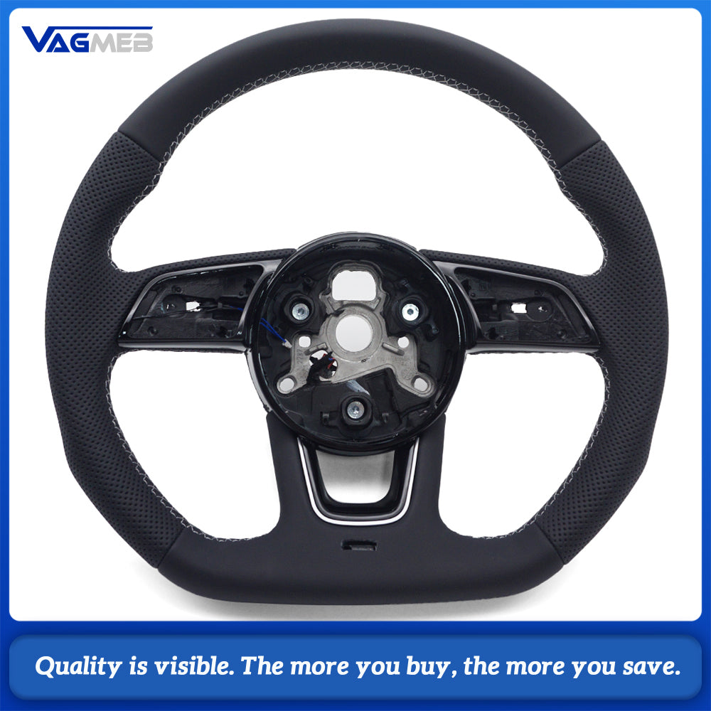 Car Half Perforated Leather Steering Wheel White Stitch Heated Function No Buttons No Paddle Shifters For Audi A4 B9 Modification