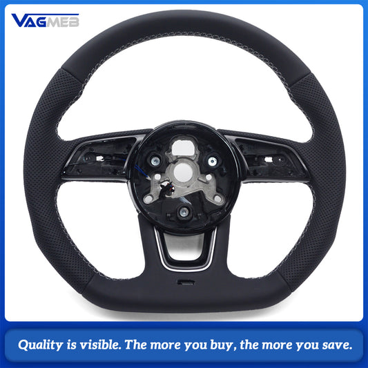 Car Half Perforated Leather Steering Wheel White Stitch Heated Function No Buttons No Paddle Shifters For Audi A4 B9 Modification