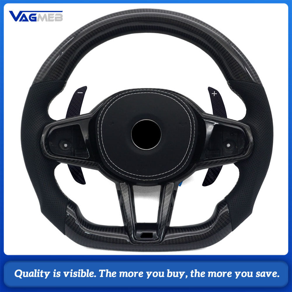 For BMW G20 3 Series CS Racing Steering Wheel Bare Skeleton Base Half Perforated Nappa White Sew Carbon Frame White Carbon Shift Paddle Replacement Wheel
