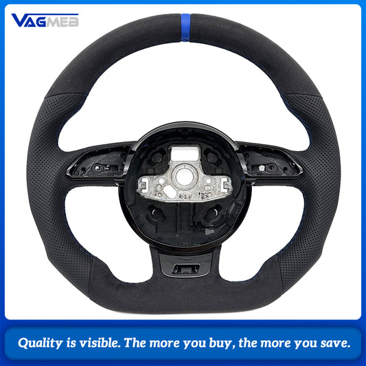 Sculpted Flat‑Bottom Sport Steering Wheel Top & Bottom Alcantara Left‑Right Perforated Leather Blue Stitching Blue Center Mark No Paddles Buttons Not Included For Audi A4 B8