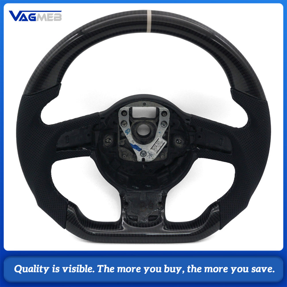 D-shaped Carbon Fiber Steering Wheel White Centering Marker Half Perforated Leather Fit Audi A4 B8 A5 Q5 8R No Paddles No Buttons