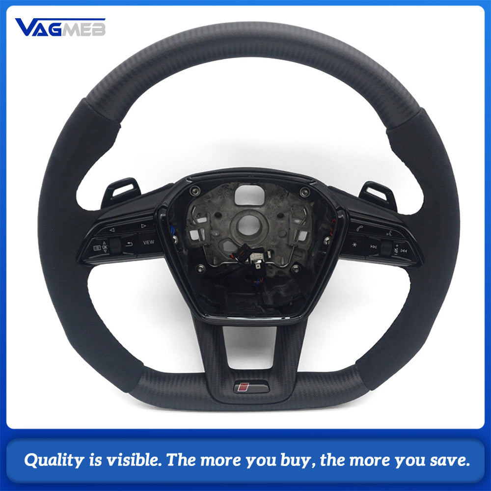 Matte Real Carbon Fiber Steering Wheel Half Alcantara Suede Black Stitch RS Badge With Multifunction Buttons Paddle Shifters Heated Fit Audi A6 C8 S6 RS6