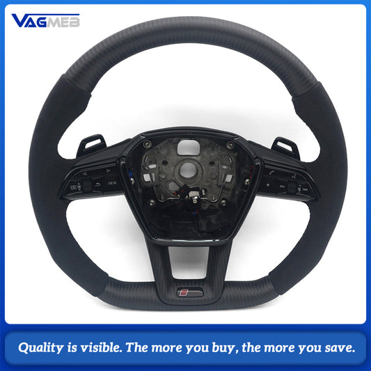 Matte Real Carbon Fiber Steering Wheel Half Alcantara Suede Black Stitch RS Badge With Multifunction Buttons Paddle Shifters Heated Fit Audi A6 C8 S6 RS6