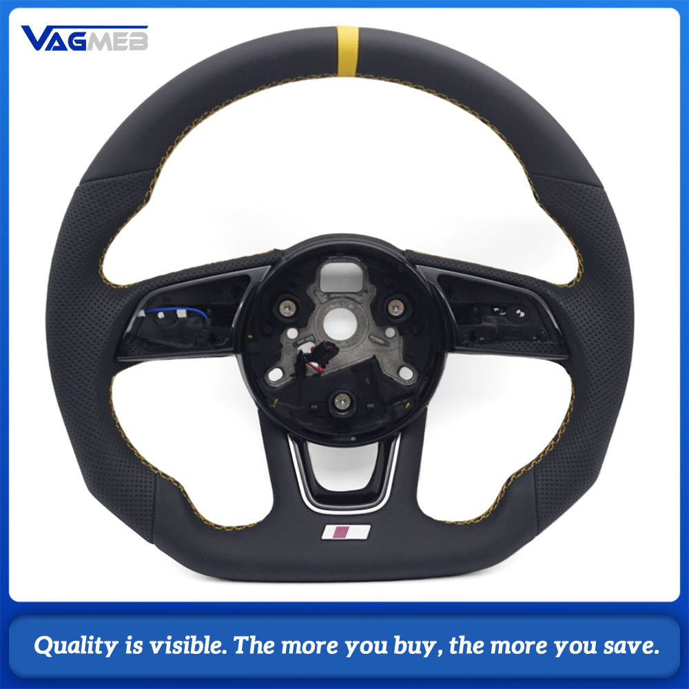 Heated Sport Steering Wheel Fit Audi A4 B9 Shaped Bottom Half Perforated Grips Yellow Sew Yellow Recenter Marker S Logo Replacement Wheel