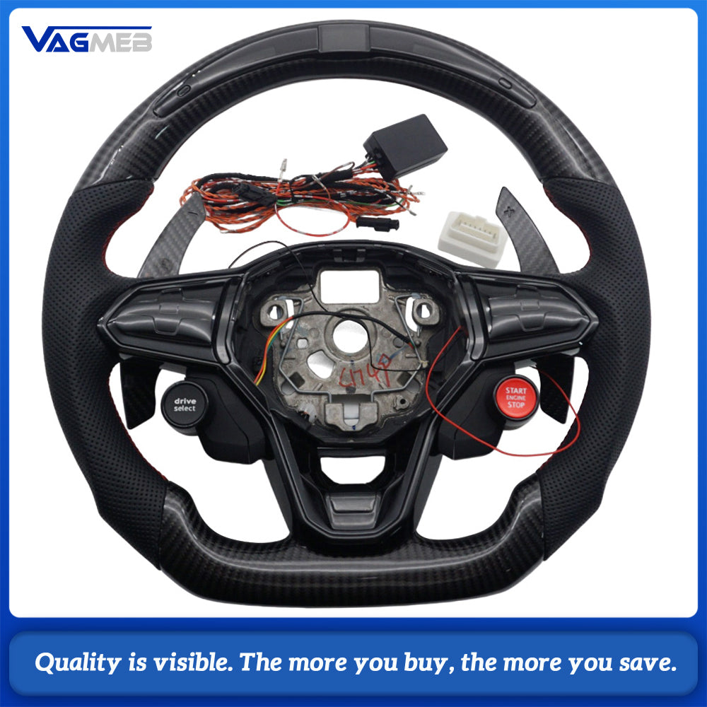 LED Carbon Fiber Steering Wheel For VW Golf MK8 GTI R, Half Perforated Leather Red Stitching, Red Top Marker, Multifunction Buttons, Carbon R8 2 Mode Buttons, DSG Paddle Shifters