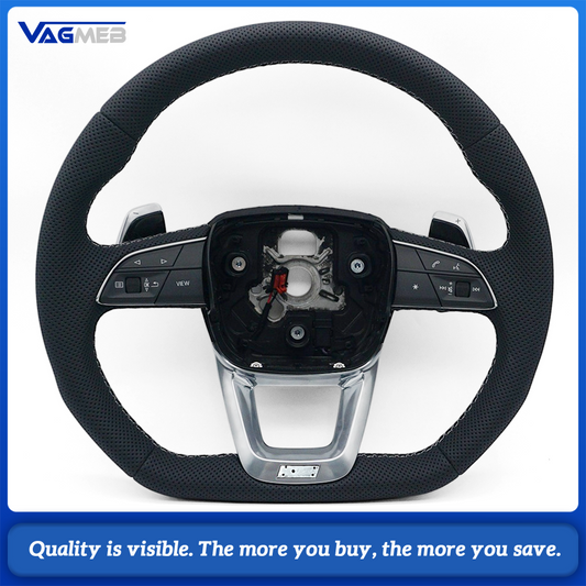 Car Full Perforated Steering Wheel Light Gray Stitching With Multi-function Buttons Paddle Shifters Heated Function  For Audi Q5L