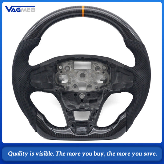 For Ford Transit Carbon Fiber Steering Wheel Base, Semi Perforated Leather Sides, Black Stitching With Orange 12 O'clock Marker Retrofit Steering Wheel Core