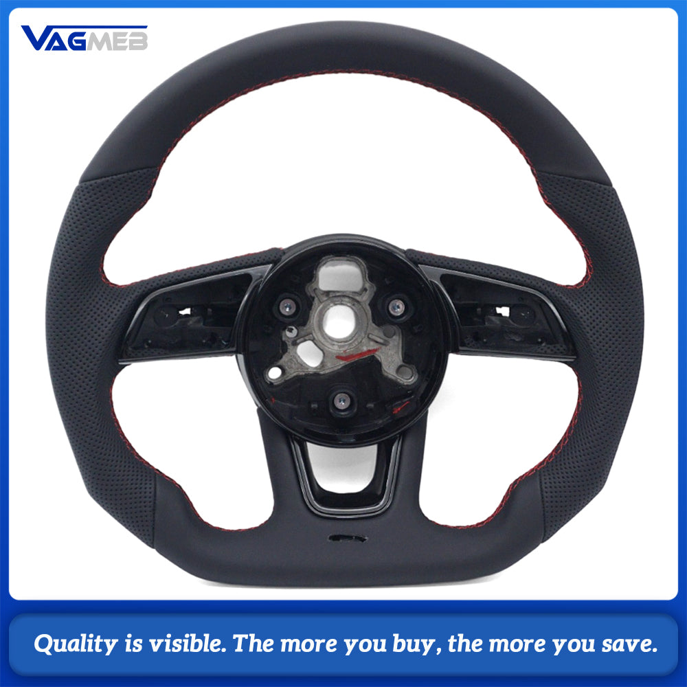 For Audi A4 B9 S logo Contoured Steering Wheel Base, Semi Perforated Leather with Red Contrast Stitching, No Shift Paddles, No Buttons, Car Interior Modification Sport Steering Wheel