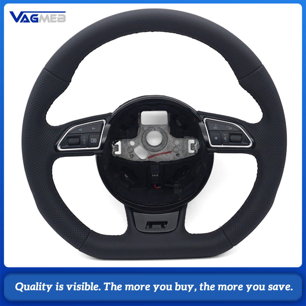 Car Steering Wheel Half Perforated Leather Brown Stitching With Control Buttons Without Paddle Shifters Replacement For Audi A4 B8