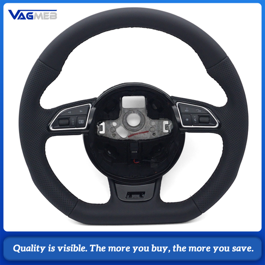 Car Steering Wheel Half Perforated Leather Brown Stitching With Control Buttons Without Paddle Shifters Replacement For Audi A4 B8