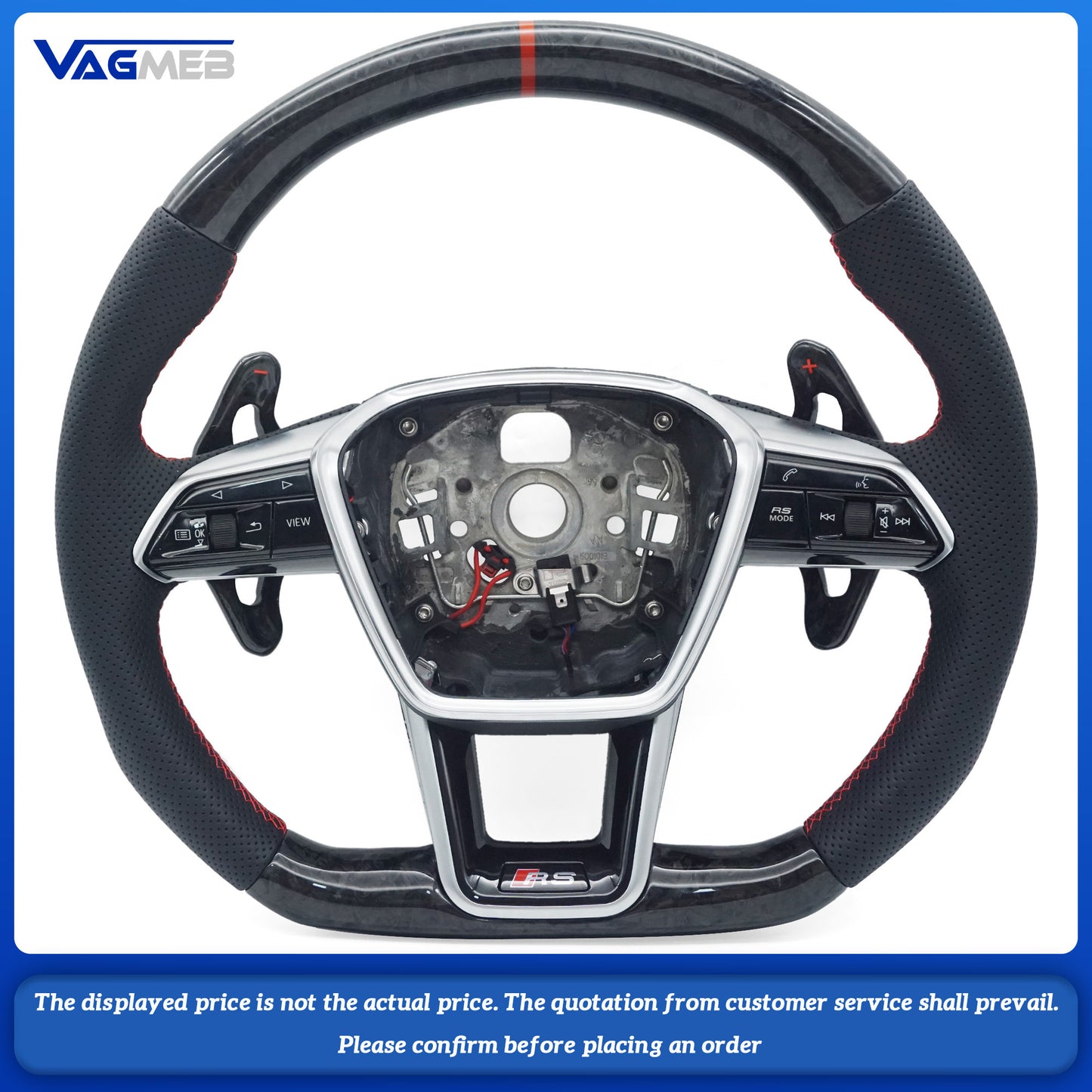 Forged carbon fiber genuine leather with red stitching, multifunctional sports steering wheel with heating For Audi A6 C8