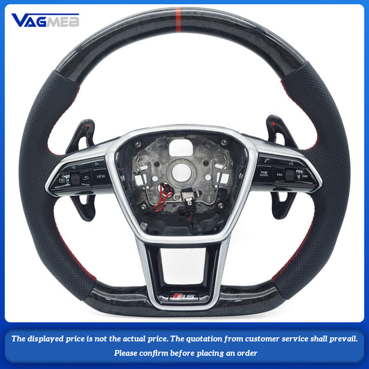 Forged carbon fiber genuine leather with red stitching, multifunctional sports steering wheel with heating For Audi A6 C8