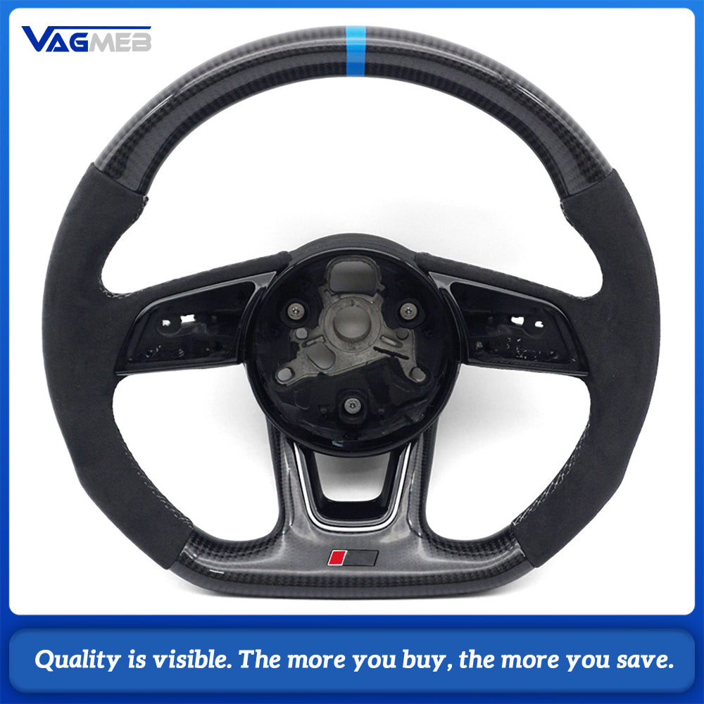 Modified Steering Wheel For Audi A4 B9, Semi Alcantara & Carbon Fiber, White Stitch, Blue Top Marker, RS Emblem