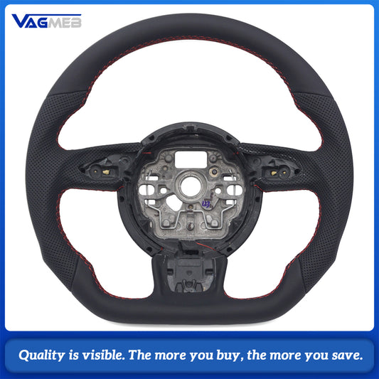 Car Half Perforated Leather Steering Wheel Red Stitching Without Buttons Paddle Shifters Decorative Frame Replacement For Audi A6 C7
