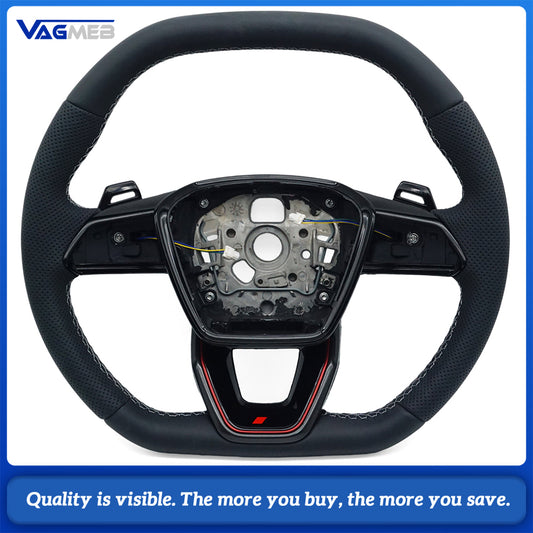S LOGO Line Half Perforated Leather Steering Wheel with Paddle Shifters (No Buttons, No Airbag) for Audi A6 C8 A7 S6 RS6