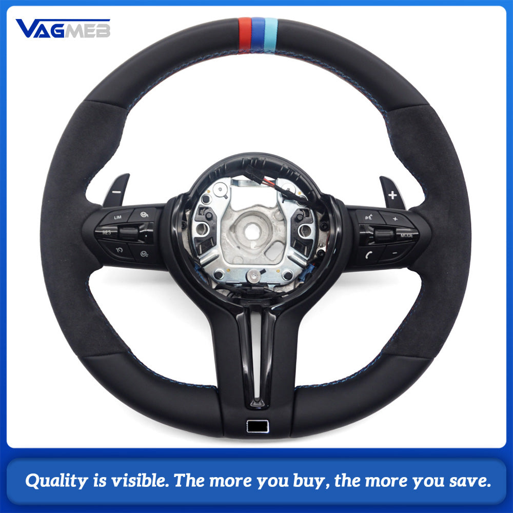 M Sport Steering Wheel For BMW 3 Series F30 G20, Half Alcantara, M Color Stitching, Tri-Color Center Mark, Flat Bottom