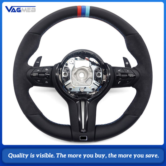 M Sport Steering Wheel For BMW 3 Series F30 G20, Half Alcantara, M Color Stitching, Tri-Color Center Mark, Flat Bottom