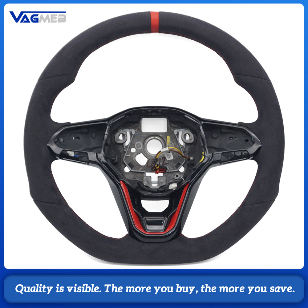Car Full Suede Alcantara Steering Wheel Red Stitching Red Center Marker Without Control Buttons and Paddle Shifters Replacement For Volkswagen Golf 8 MK8