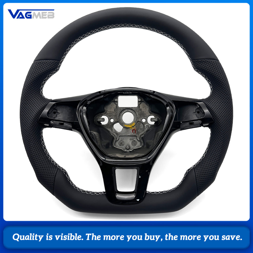 Car Sport Steering Wheel Base Fit For VW Multivan T6, Half Perforated Leather, White Stitch, Comes with Gloss Black Decorative Button Frame