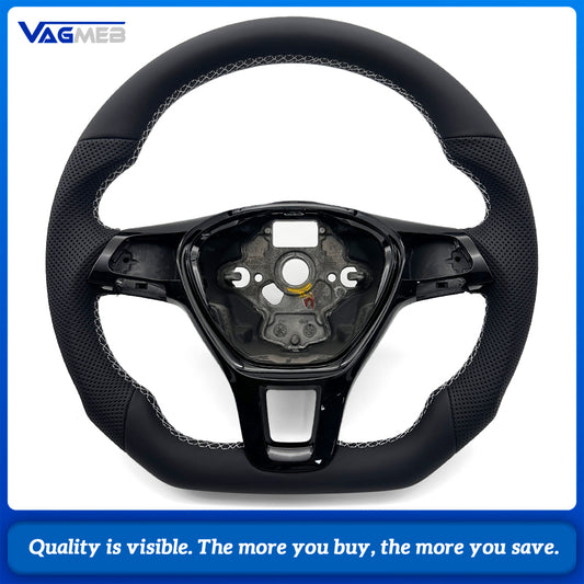 Car Sport Steering Wheel Base Fit For VW Multivan T6, Half Perforated Leather, White Stitch, Comes with Gloss Black Decorative Button Frame
